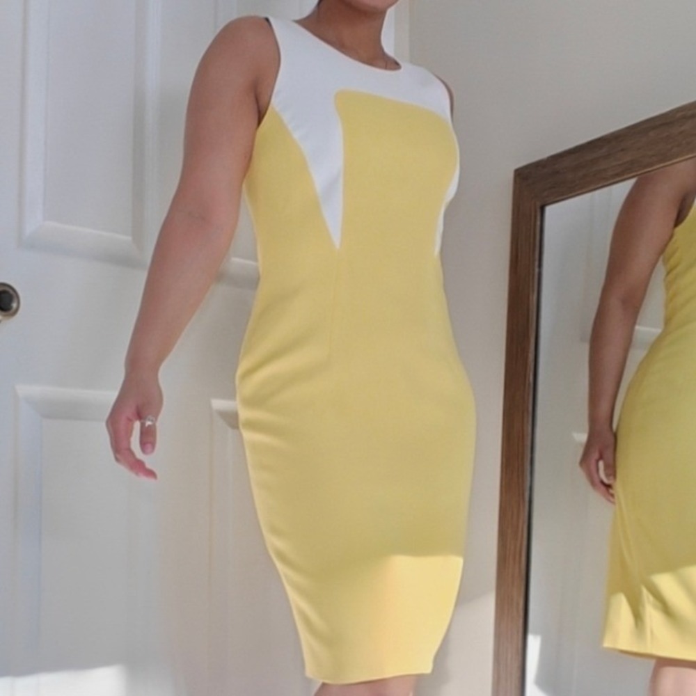 Rachel Roy Sheath Dress Midi Size 6 Yellow White Colorblock Sleeveless Fitted